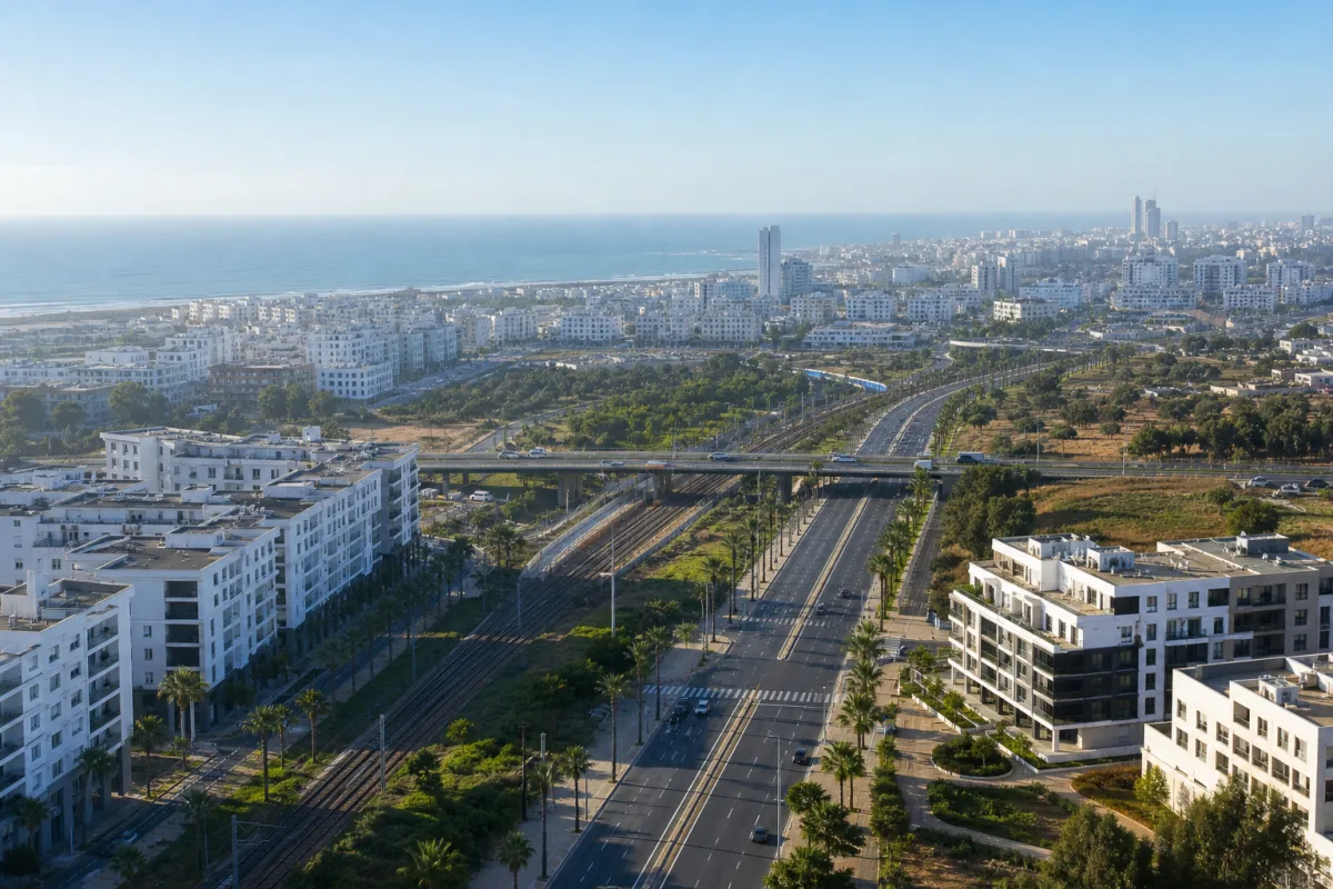 Grande ville marocaine reliée par les axes routiers et ferroviaires face à l’Atlantique