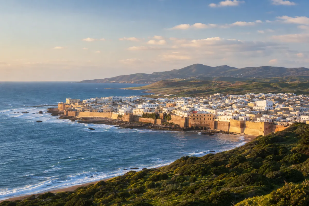 Panorama du littoral nord atlantique marocain, entre ville blanche, remparts et collines