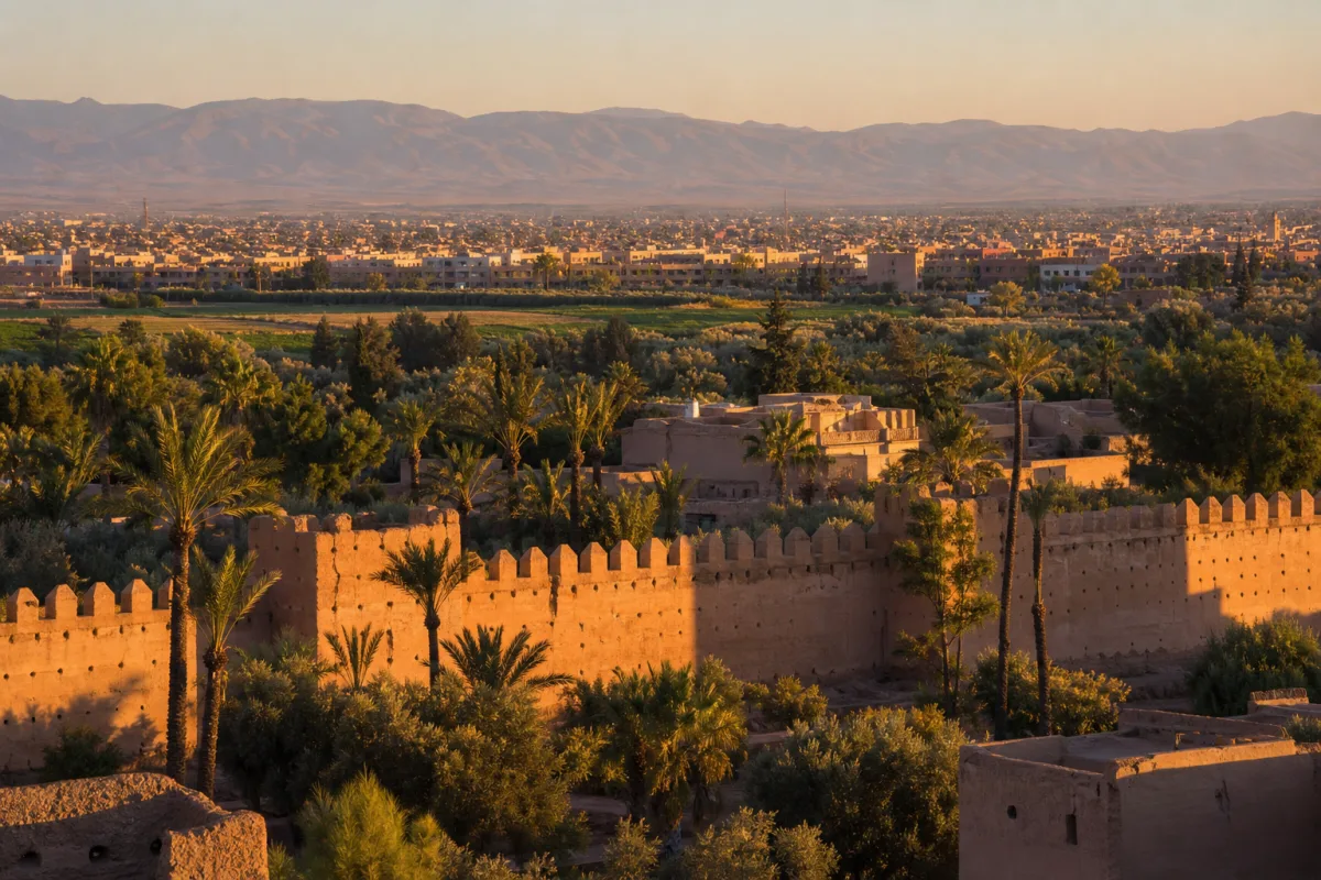 Remparts, palmiers, plaine habitée et reliefs de l’intérieur impérial marocain