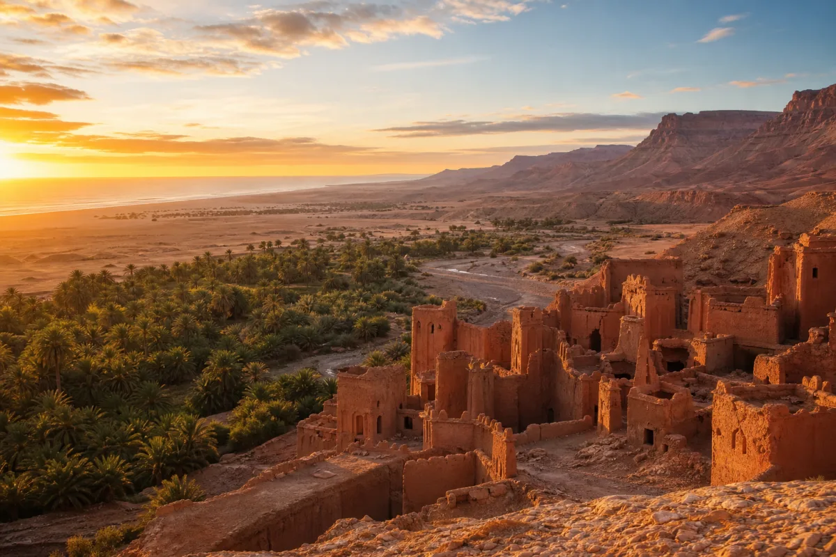Oasis, architecture de terre et vaste paysage du Sud marocain